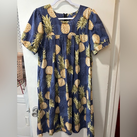 royal creations Dresses & Skirts - Royal Creations Hawaiian Dress Cotton Mumu Blue Pineapple Short Sleeve XL Vtg